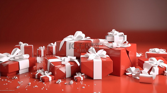 3d 渲染中装饰着白色蝴蝶结的红色礼品盒