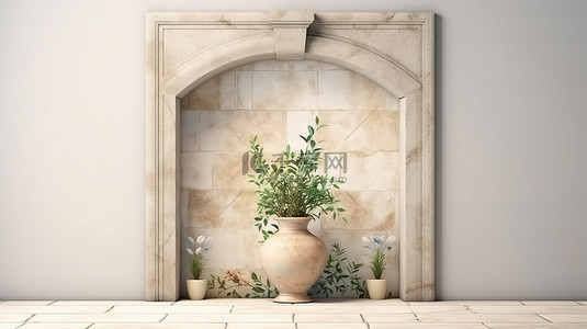 古典壁龛，石墙上装饰着一个花瓶，以 3D 渲染