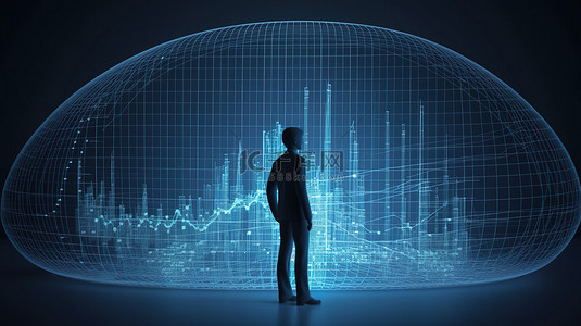 描绘 3D 财务顾问和数据分析师概念的蓝色背景渲染