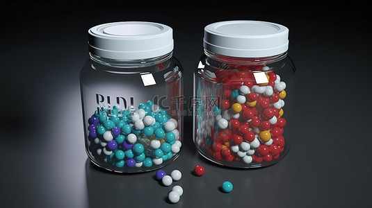 大量的 reddit 药丸装在两个透明玻璃罐 3d 渲染中