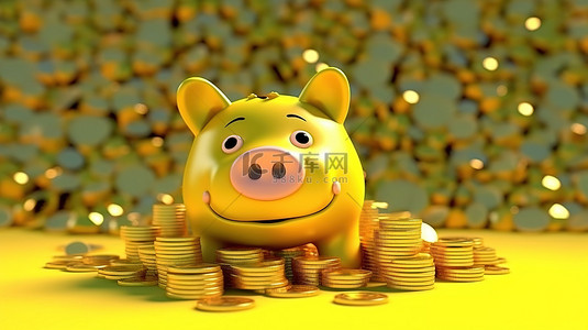 卡通金币背景图片_使用卡通存钱罐金币的 3D 渲染和安全投资来保护您的储蓄