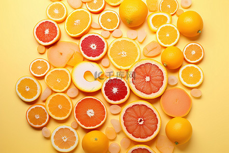 英语背景图片_由维生素c制成的橙子和柚子片