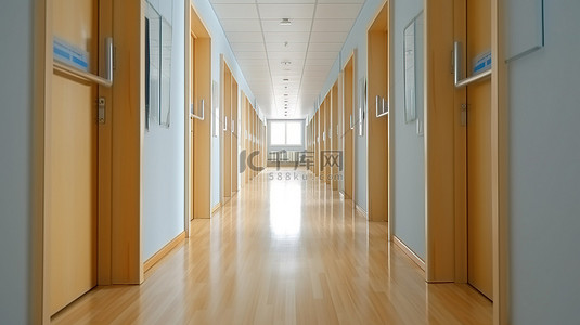 医院房间背景图片_办公室学校酒店或医院 3d 渲染的现代长走廊的极端特写