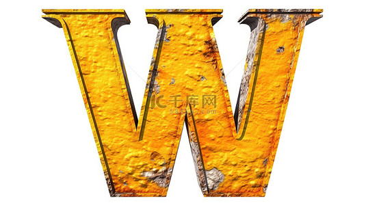 光滑金属纹理上 3D 渲染字体中的复古黄漆字母 w