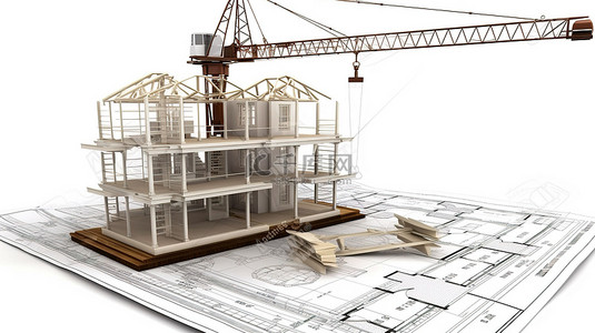 白色背景下带有 3D 房屋卡尺和起重机的建筑蓝图