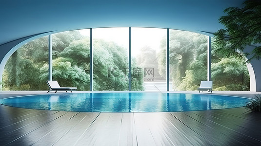 宁静的室内绿洲，可直接进入游泳池和风景优美的自然背景 3D 渲染