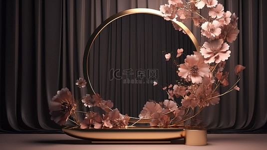 产品展示背景复古抽象花瓣和工作室 3D 渲染中的金色镜子