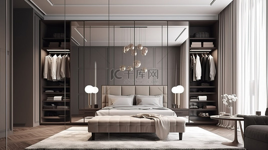 现代卧室 3D 渲染更衣室和靠窗的桌子区域，处于时尚的室内场景