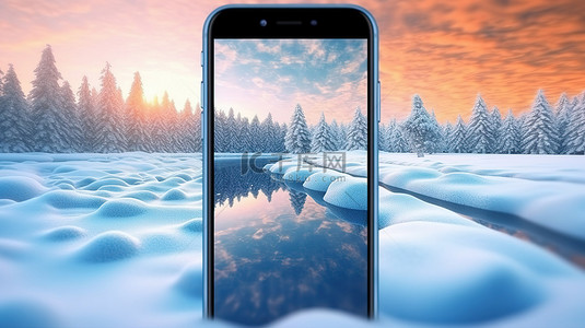 手机屏幕显示雪地冬季景观旅游目的地的令人惊叹的 3D 渲染