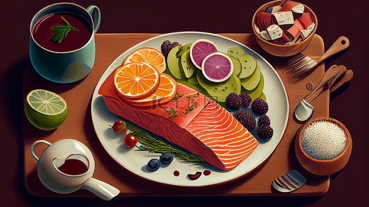 三文鱼水果插画背景