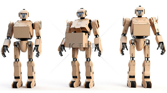 由 3d 渲染的机器人或具有人工智能的送货机器人持有的孤立的白色背景纸板箱