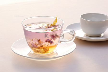 花茶背景图片_一个玻璃杯，里面装有香水，放在白盘子和勺子上