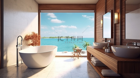 浴室浴缸背景图片_现代豪华酒店浴室的时尚 3D 渲染，可欣赏海滩景观