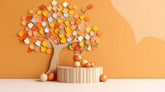 秋树拼图木制儿童讲台在现代背景下的 3D 渲染