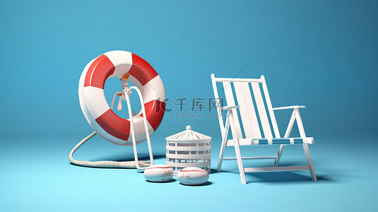 蓝色和白色海滨场景 3d 渲染蓝色背景上的躺椅伞救生圈和沙滩球