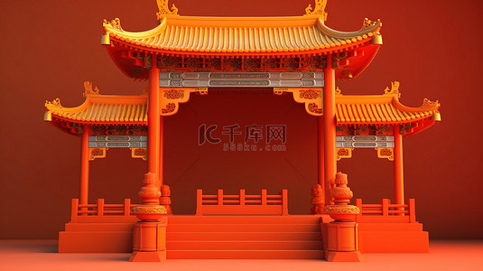 元宵节背景背景图片_中国新年庆祝活动与 3d 讲台和传统大门插图