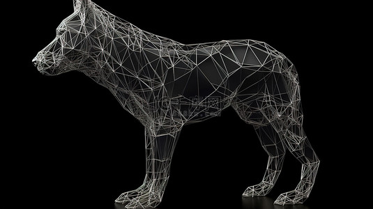 线框 3d 中的多面体狼在黑色上渲染和隔离