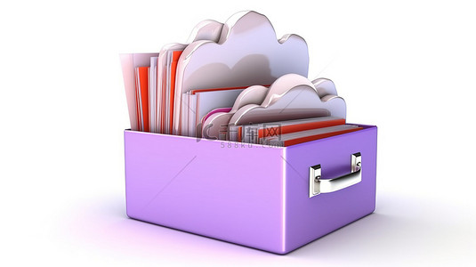 安全云备份隔离云，在白色背景 3D 渲染上包含文件和文件夹