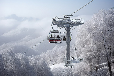 冬天里的中国背景图片_中国北方的滑雪缆车，冬天里有人在上面