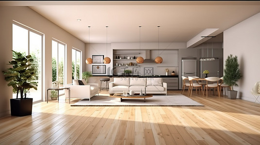 厨房墙背景图片_3D 渲染温馨宜人的客厅和厨房，配有木质天花板和地板