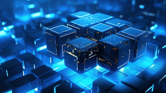 金融科技区块链背景图片_深蓝色抽象立方体区块链概念上的去中心化金融系统的 3D 渲染