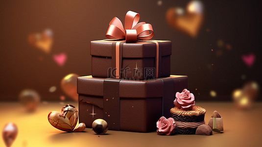 巧克力蛋糕和礼品盒的 3D 插图，庆祝生日快乐
