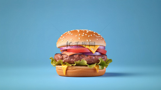 蓝色背景的简约 3D 渲染，上面有一个粉红色的芝士汉堡