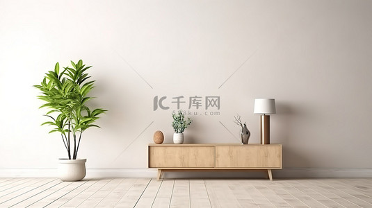 植物简单背景图片_设计简单 3D 渲染室内装饰，配有桌子植物和电视柜