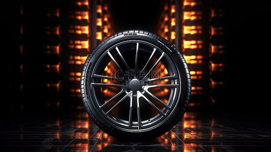3D 渲染的车轮插图在时尚的黑色背景上完美适合您的车轮业务横幅