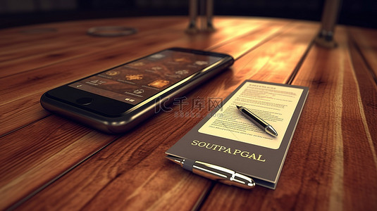 手机放背景图片_带有软件许可协议的木桌上手机和笔的 3D 渲染场景