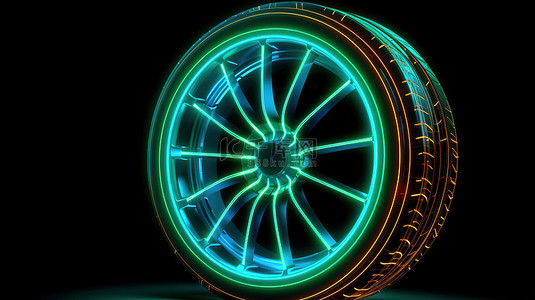 带有发光霓虹灯线框的车轮的 3D 渲染