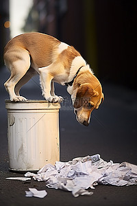 一只狗在垃圾桶旁边嗅来嗅去