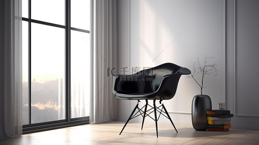 现代室内装饰，具有景深效果，窗边令人惊叹的黑色设计师椅子