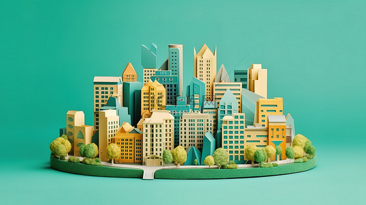 平面绿色背景背景图片_平面式生态友好城市的剪纸 3D 插图