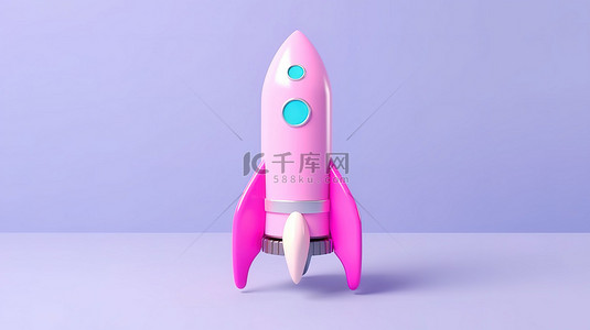 明亮的蓝色柔和背景下粉色卡通火箭的简约 3D 渲染