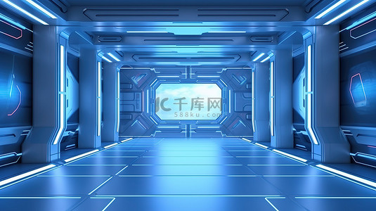 未来海报模板背景图片_科幻隧道宇宙飞船或空间站内部空白垂直广告牌或液晶屏幕落地支架的未来派 3D 渲染