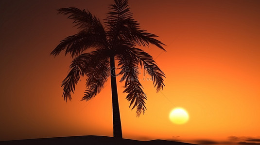 夕阳天空下轮廓异国棕榈树的 3D 渲染