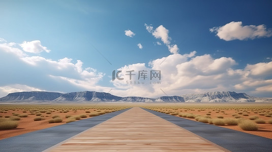 迷人的 3D 自然景观，在茂密的森林和沙漠高速公路中设有孤立的道路和云彩