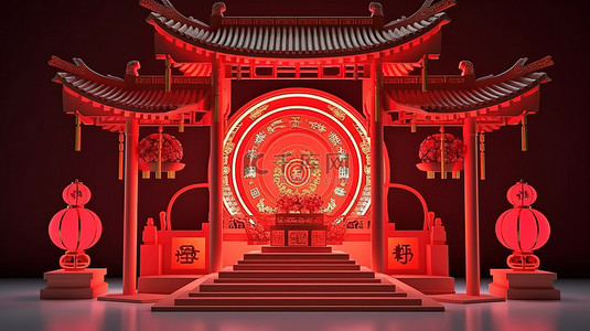 中国新年产品的舞台展示令人惊叹的 3D 插图