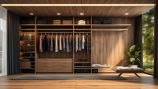 豪华现代室内设计中宽敞的木质衣柜与优雅服装的 3D 渲染