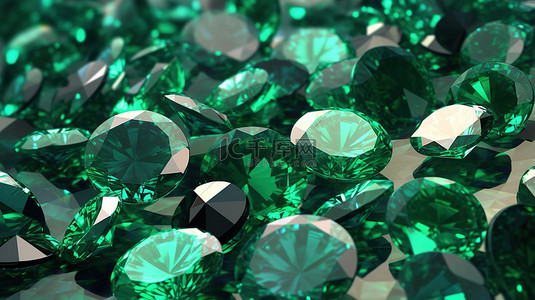 3D 插图中充满活力的绿色背景下的祖母绿钻石簇