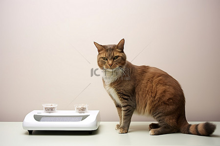 喝水刻度背景图片_一只猫从秤旁边的食物碗里喝水