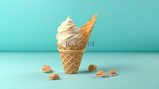 绿松石背景下甜威化锥上牛奶冰淇淋的简约 3D 渲染
