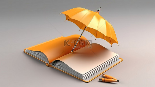 笔记本和雨伞的 3D 渲染插图