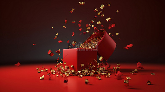一个带有金丝带蝴蝶结的红色礼盒的插图，在 3D 背景下落下