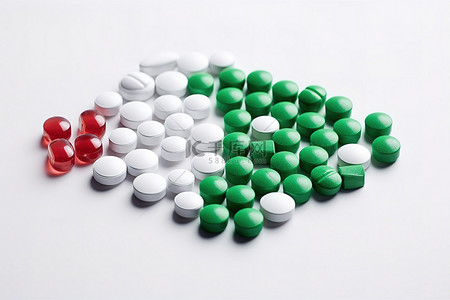 绿色药丸，包装中有红色和白色药丸