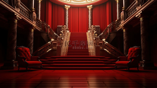 皇室宫殿背景图片_空荡荡的宫殿大厅，有红色皇家宝座和 3D 渲染楼梯