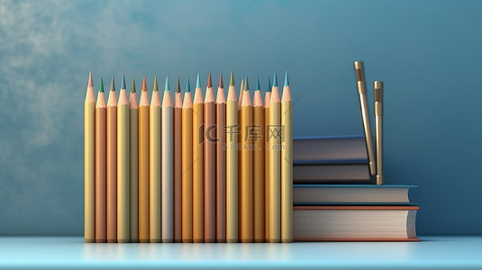 教育的象征 3D 渲染一支铅笔放在蓝墙上的书本上