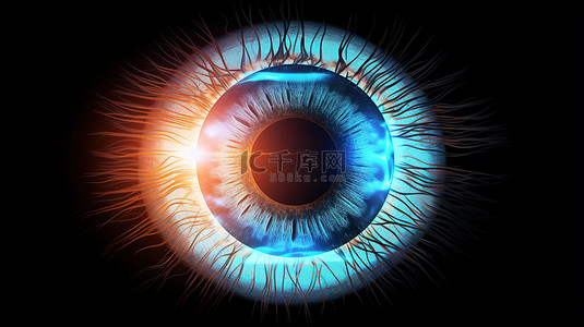 手电筒下具有发光蓝色虹膜角膜和视网膜的逼真人眼的 3D 插图