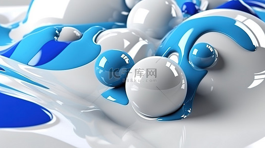 极简主义蓝色和白色抽象海报背景与 3D 渲染液体球